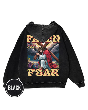 Faith Over Fear Pixel Design Acid Wash Oversize Hoodie - Godlygrind