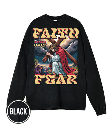 Faith Over Fear Pixel Design Acid Wash Oversize Long Sleeve T-Shirt - Godlygrind