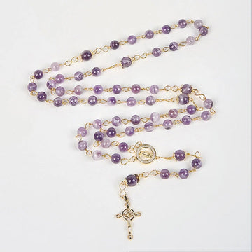 Our Lady of Guadalupe & Crucifix of 8mm Round Purple Crystal Rosary