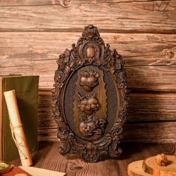 Three Sacred Hearts of the Holy Family Solid Wood Carving GodlyGrind