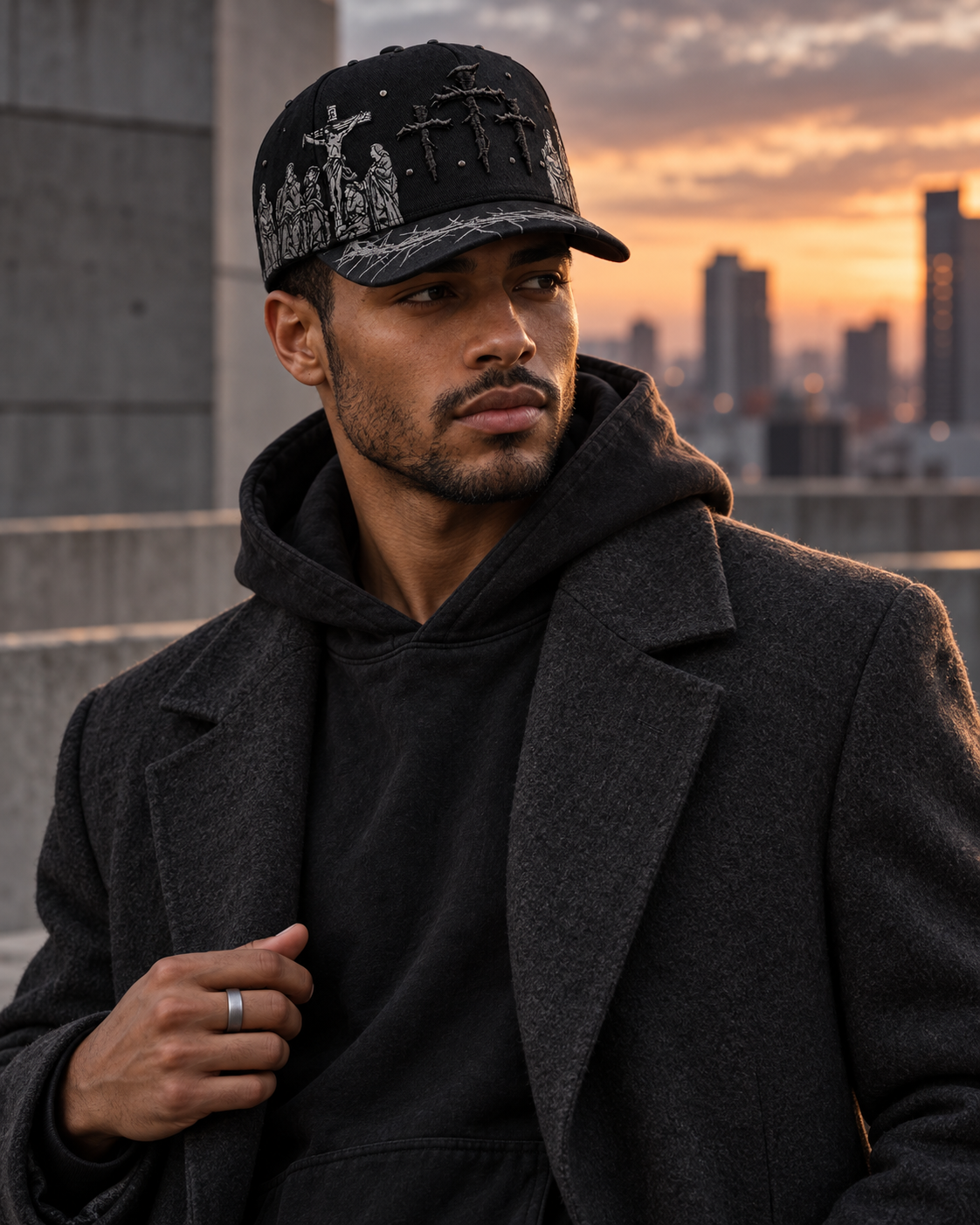 Fashion model wearing the black Triple Cross Hat