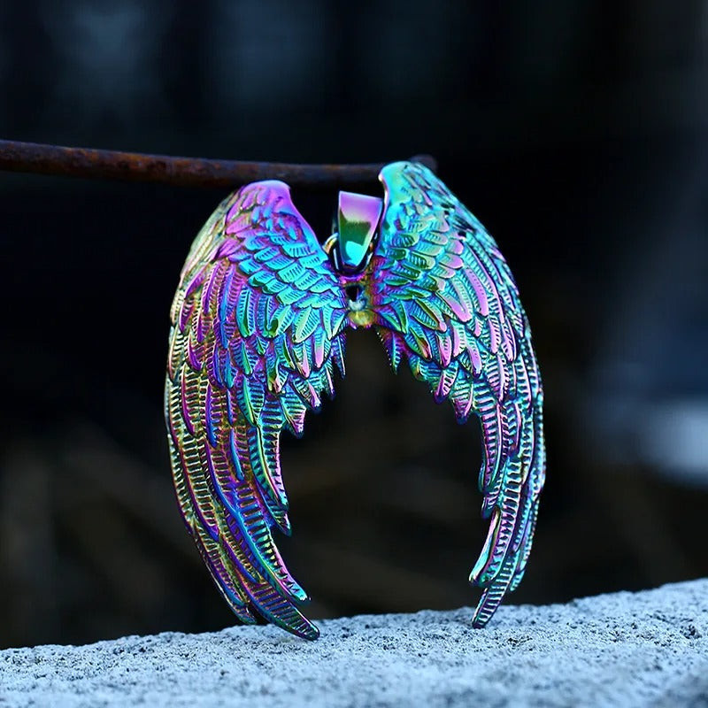 Iridescent Angel Wings Pendant – Stainless Steel Necklace