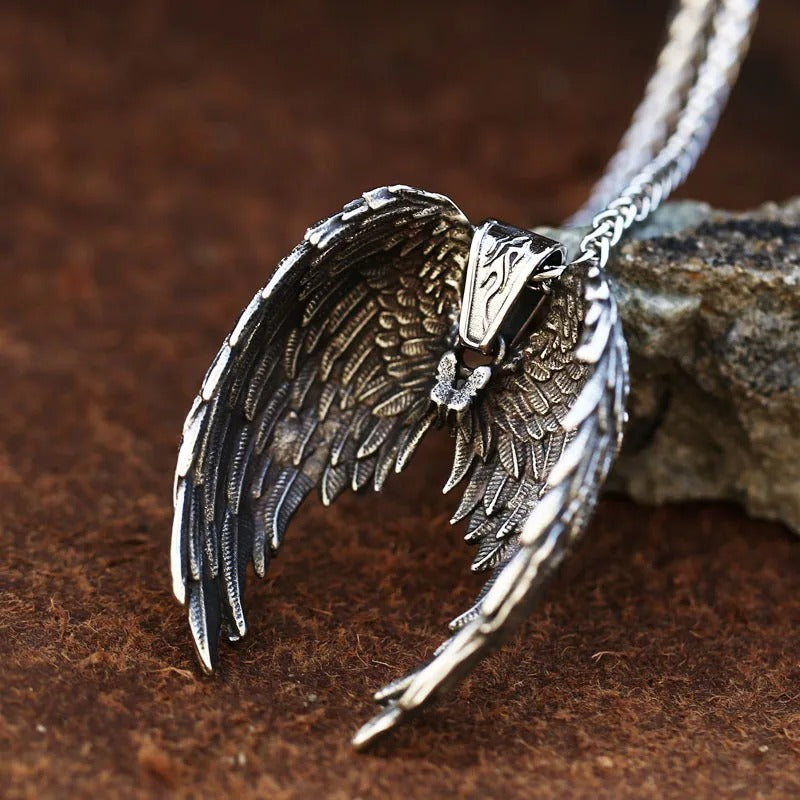 Iridescent Angel Wings Pendant – Stainless Steel Necklace