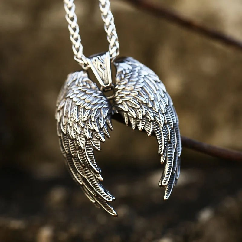 Iridescent Angel Wings Pendant – Stainless Steel Necklace