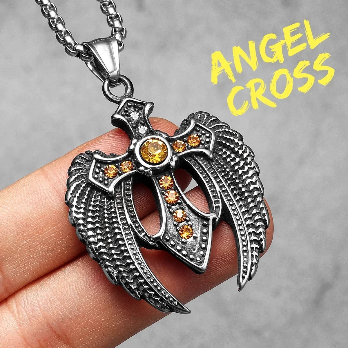 Angelic Valor Pendant – Angel Wings Cross Necklace
