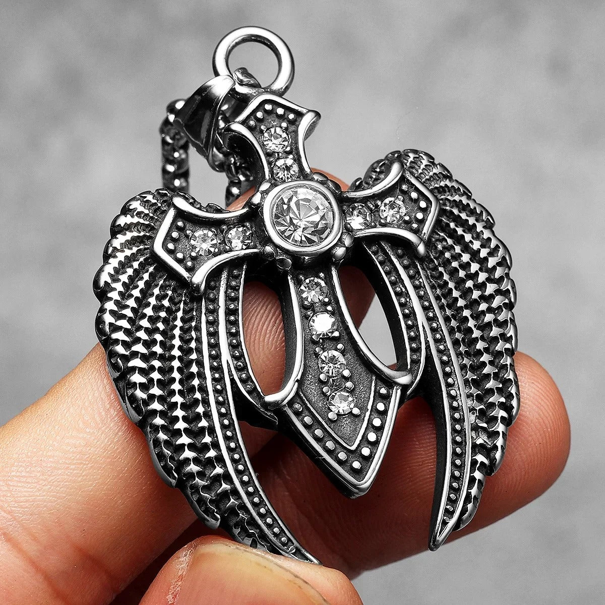 Angelic Valor Pendant – Angel Wings Cross Necklace