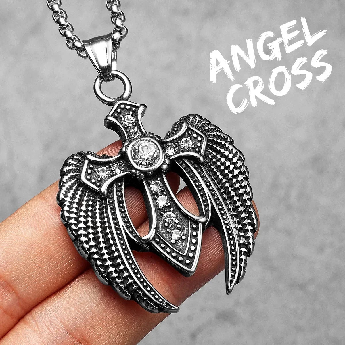 Angelic Valor Pendant – Angel Wings Cross Necklace
