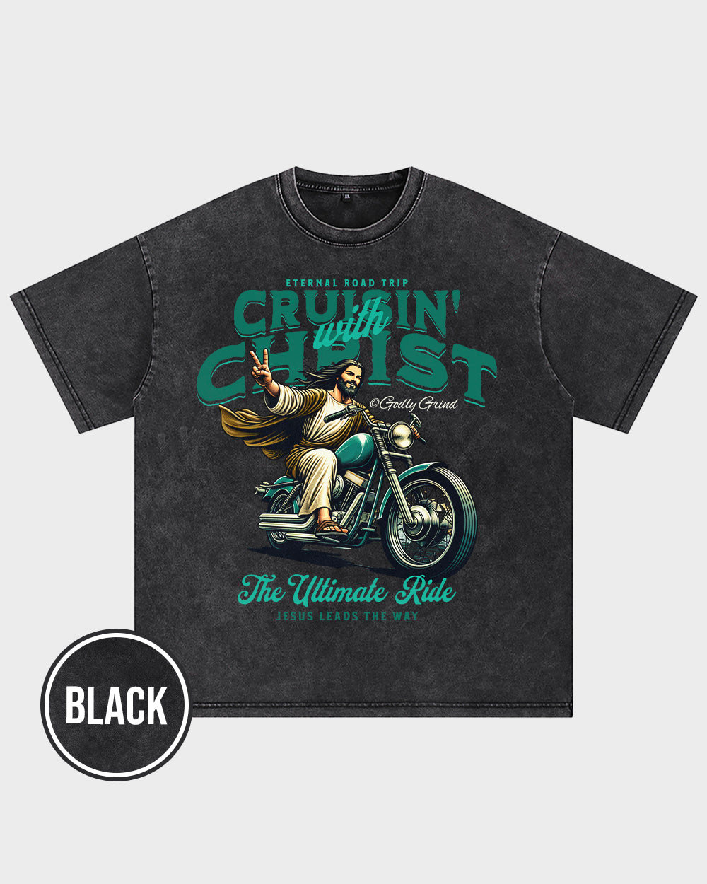 Cruisin' With Christ Jesus - Biker Motorcycle Peace Sign Acid Wash Tshirt - Godlygrind