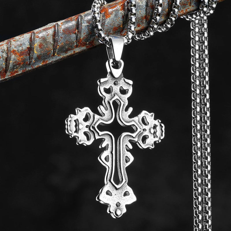 Divine Roots Cross Pendant – Vintage Carved Stainless Steel Necklace