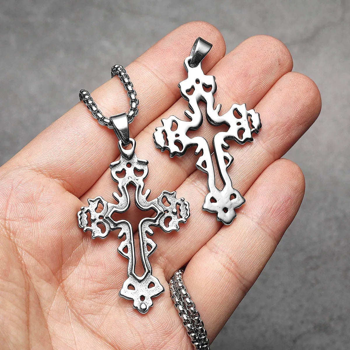 Divine Roots Cross Pendant – Vintage Carved Stainless Steel Necklace