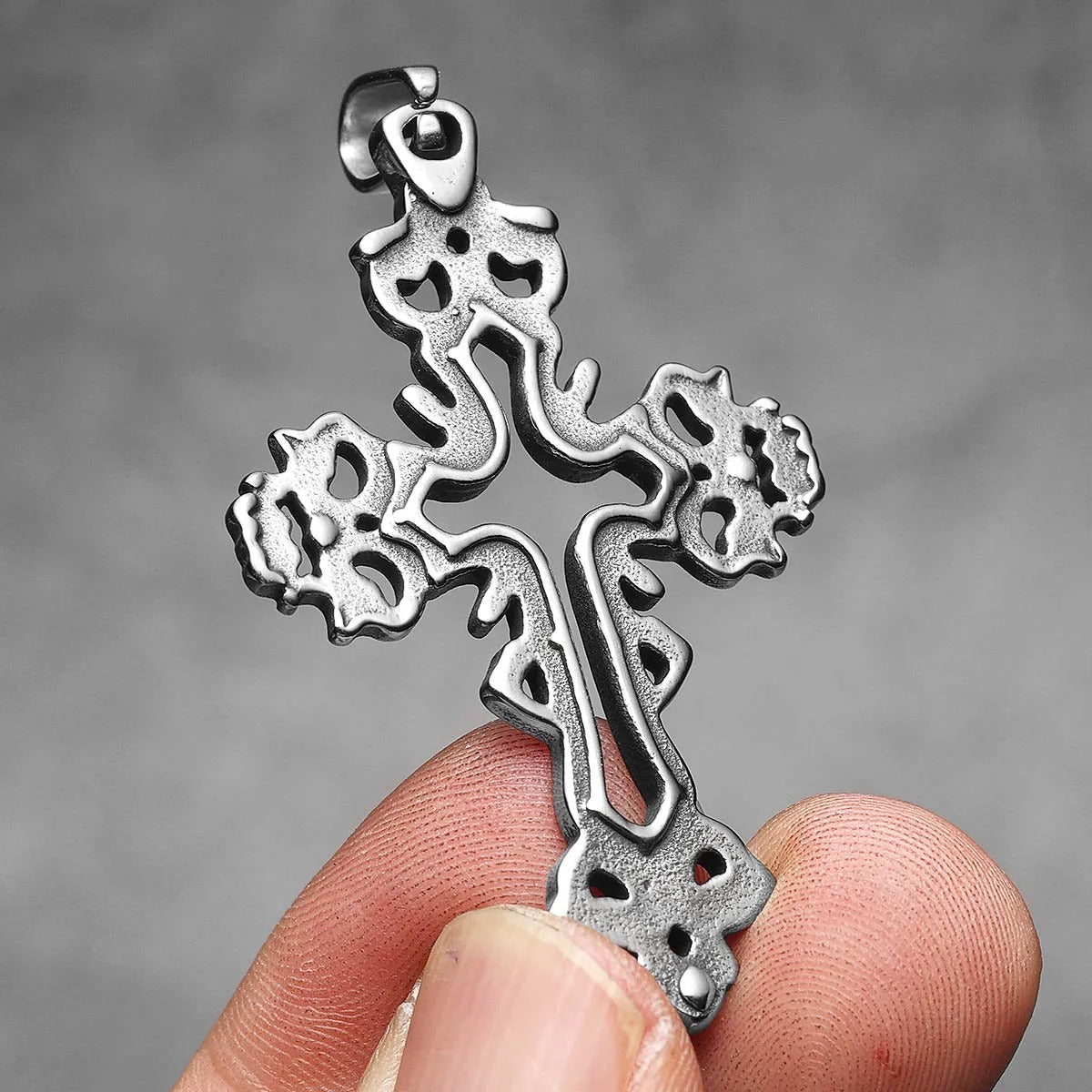 Divine Roots Cross Pendant – Vintage Carved Stainless Steel Necklace