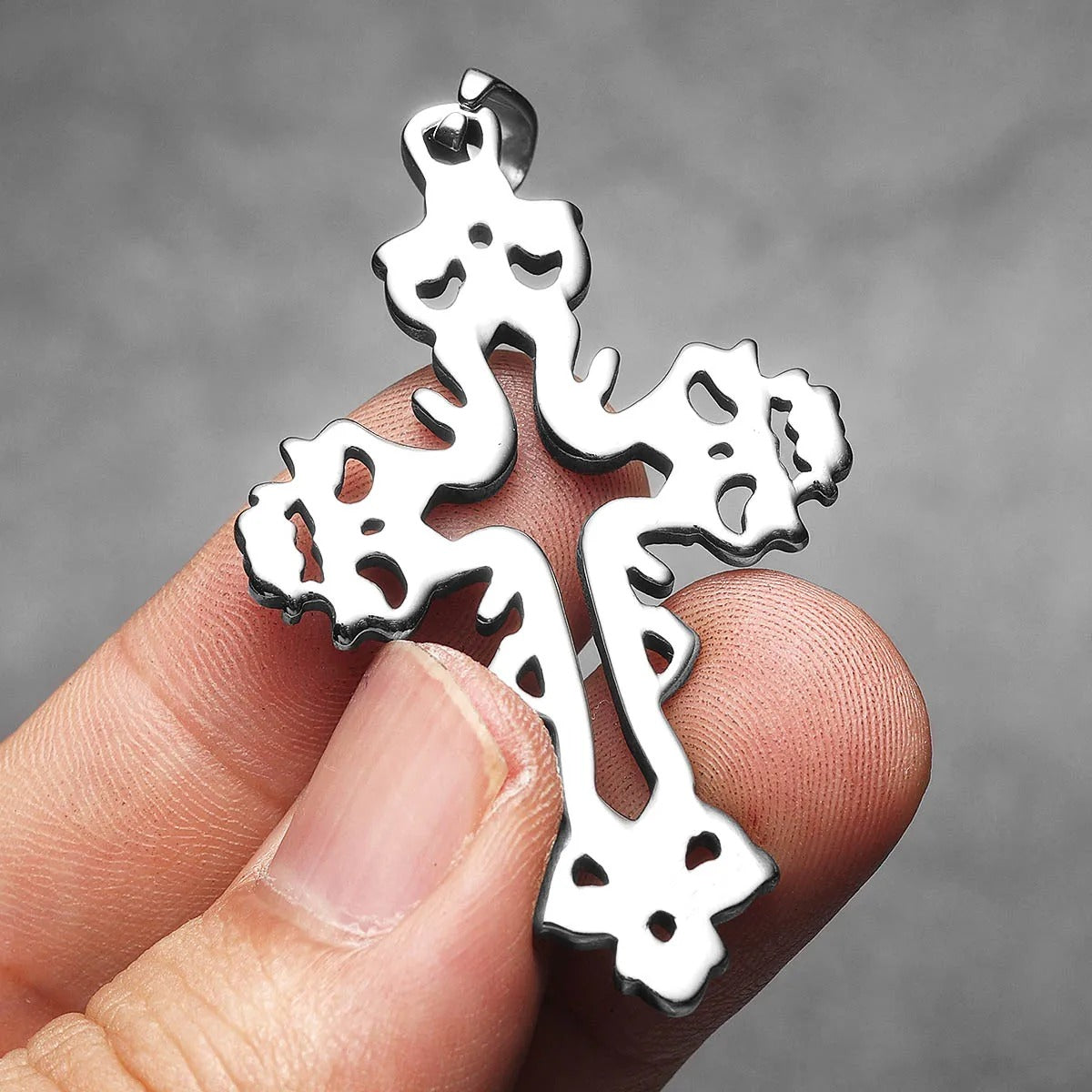 Divine Roots Cross Pendant – Vintage Carved Stainless Steel Necklace
