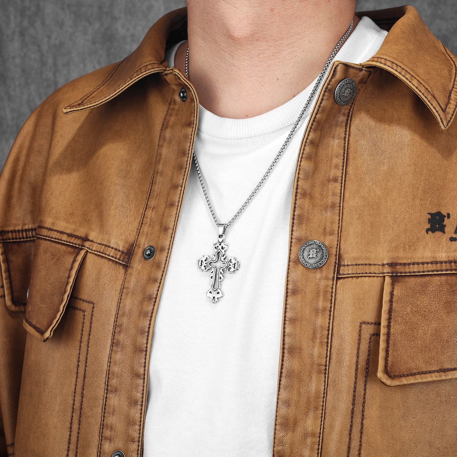 Divine Roots Cross Pendant – Vintage Carved Stainless Steel Necklace