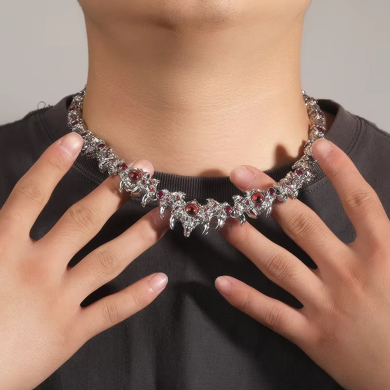 FaithHeart Gothic Crystal Ruby Dragon Claw Necklace for Men