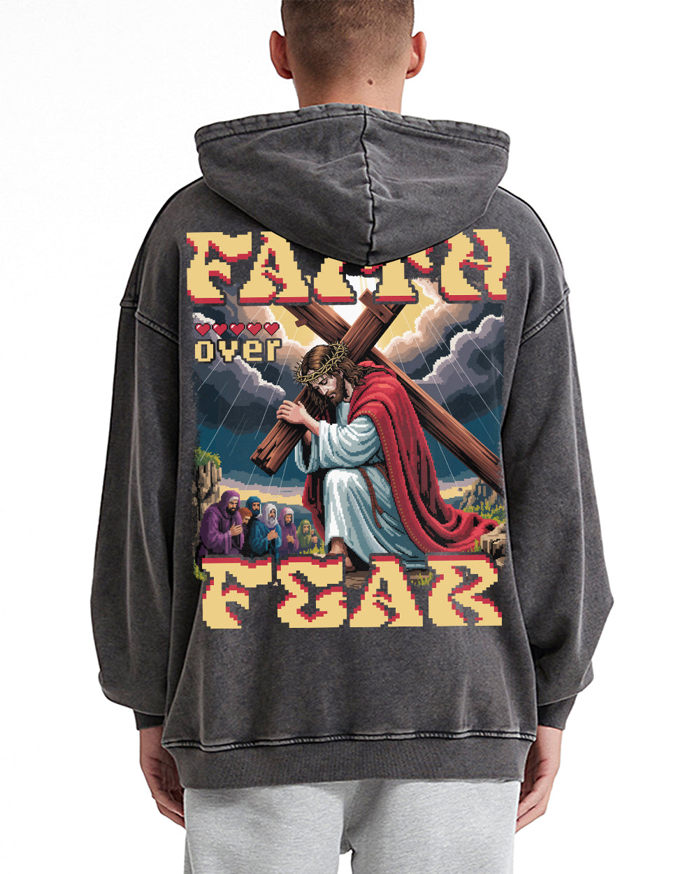 Faith Over Fear Pixel Design Acid Wash Oversize Hoodie - Godlygrind