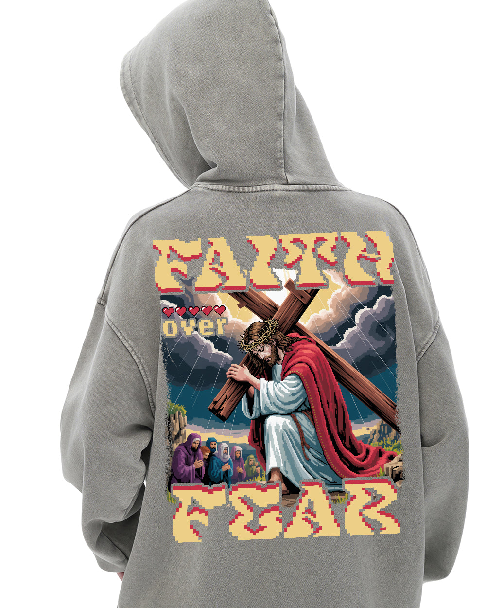 Faith Over Fear Pixel Design Acid Wash Oversize Hoodie - Godlygrind