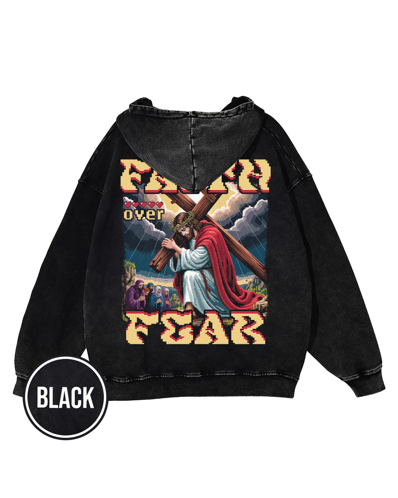 Faith Over Fear Pixel Design Acid Wash Oversize Hoodie