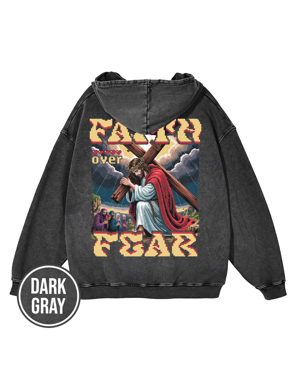 Faith Over Fear Pixel Design Acid Wash Oversize Hoodie - Godlygrind