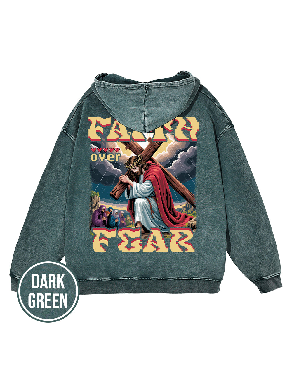 Faith Over Fear Pixel Design Acid Wash Oversize Hoodie - Godlygrind