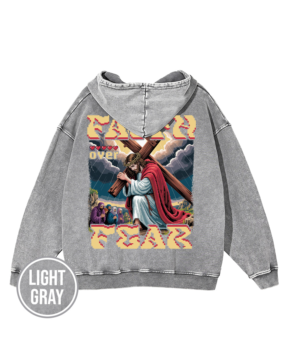 Faith Over Fear Pixel Design Acid Wash Oversize Hoodie - Godlygrind