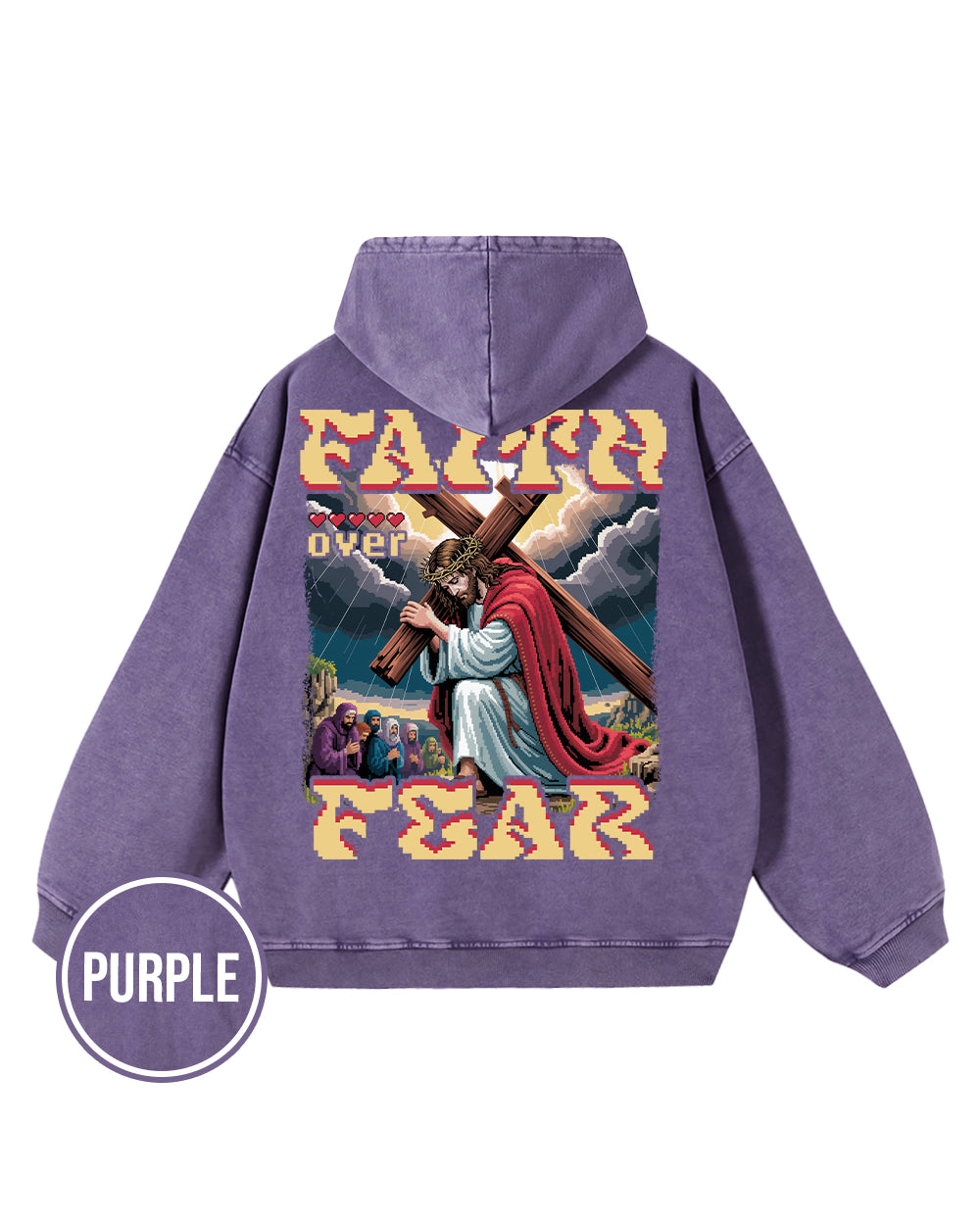 Faith Over Fear Pixel Design Acid Wash Oversize Hoodie - Godlygrind