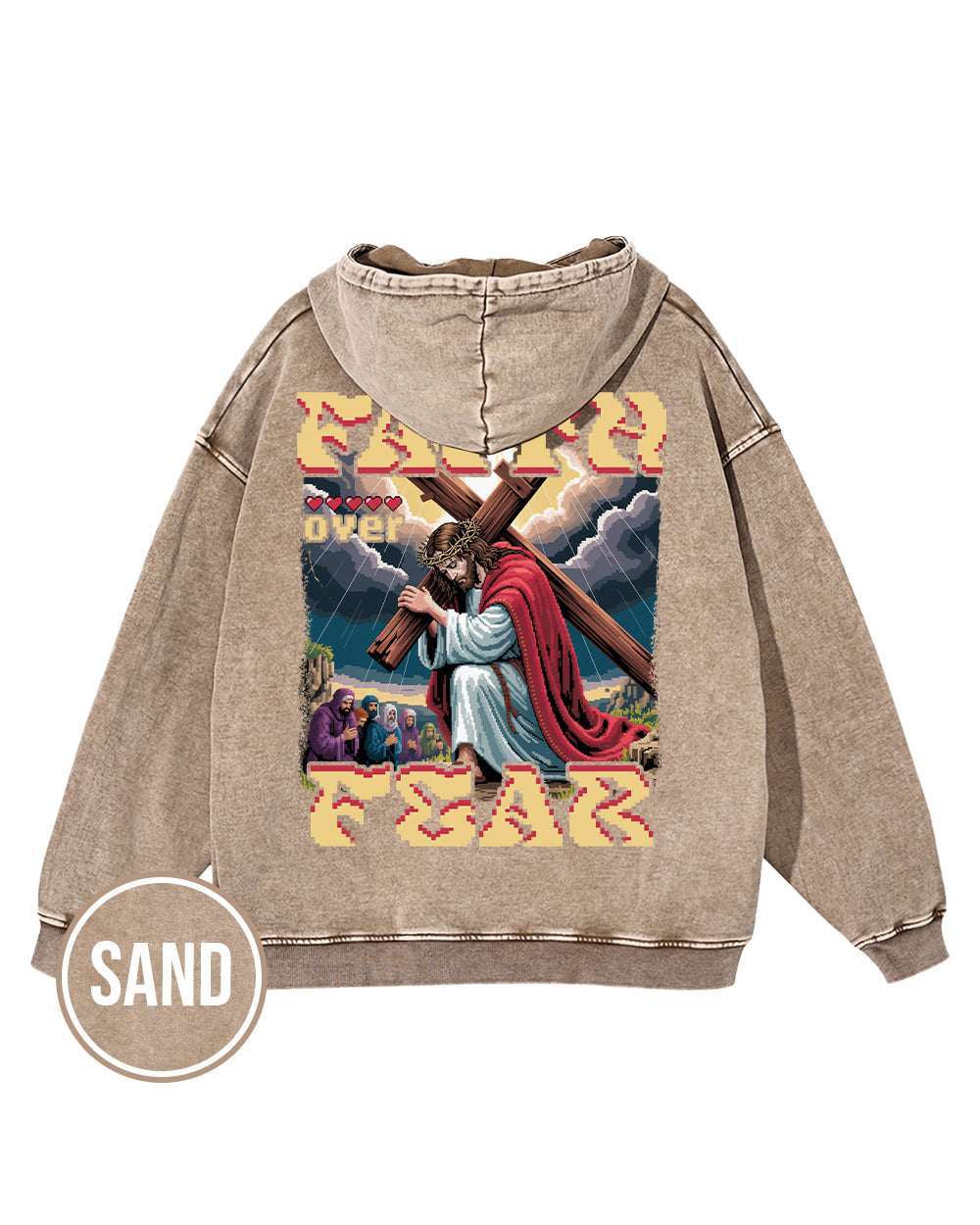 Faith Over Fear Pixel Design Acid Wash Oversize Hoodie - Godlygrind