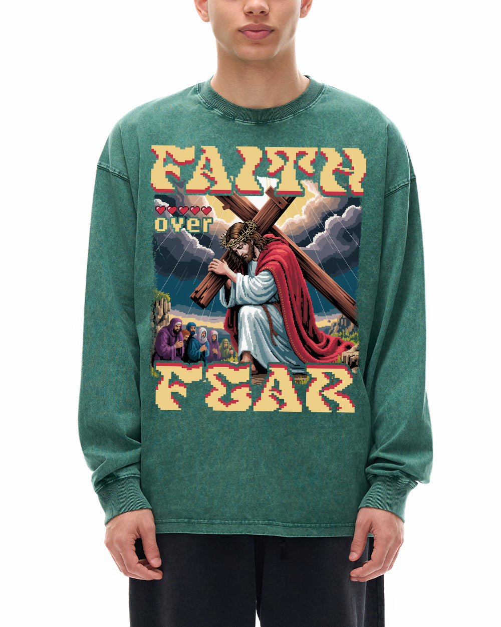 Faith Over Fear Pixel Design Acid Wash Oversize Long Sleeve T-Shirt - Godlygrind