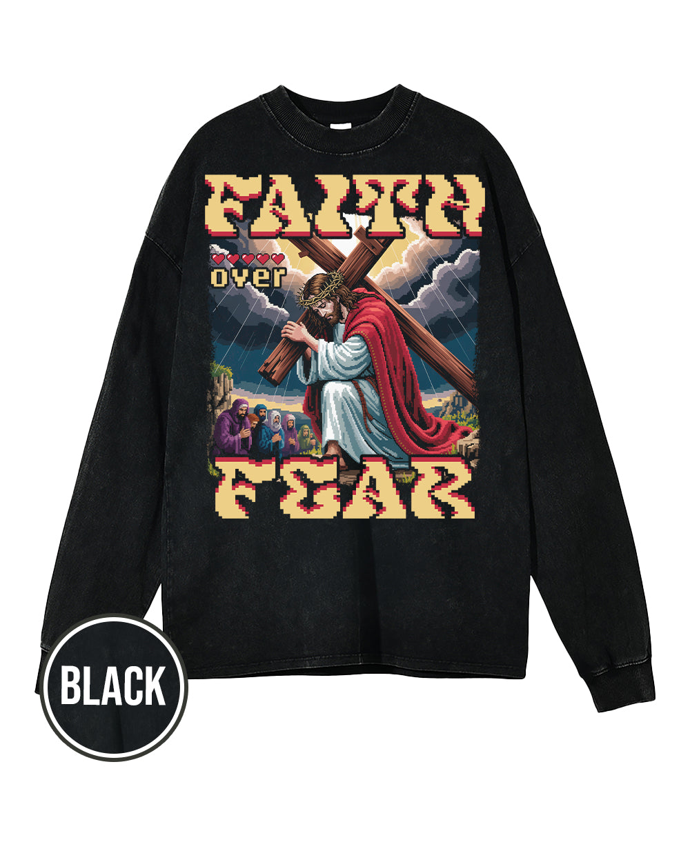 Faith Over Fear Pixel Design Acid Wash Oversize Long Sleeve T-Shirt - Godlygrind