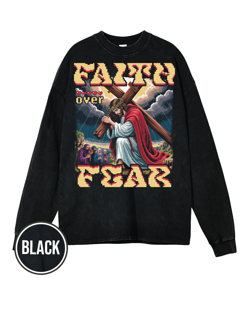 Faith Over Fear Pixel Design Acid Wash Oversize Long Sleeve T-Shirt