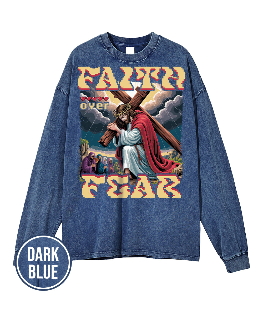 Faith Over Fear Pixel Design Acid Wash Oversize Long Sleeve T-Shirt - Godlygrind
