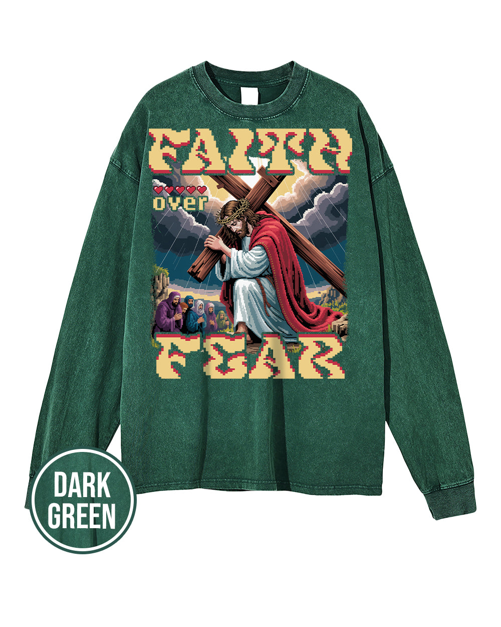 Faith Over Fear Pixel Design Acid Wash Oversize Long Sleeve T-Shirt - Godlygrind