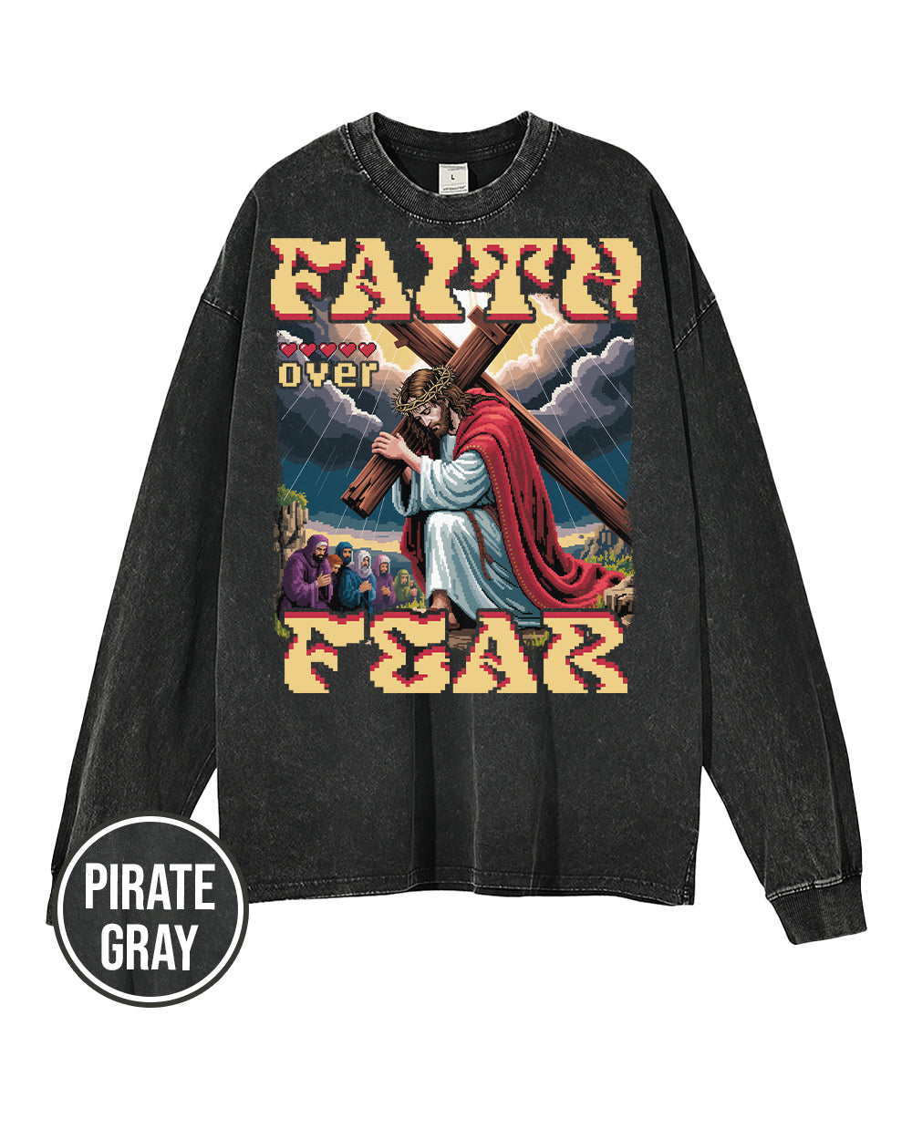 Faith Over Fear Pixel Design Acid Wash Oversize Long Sleeve T-Shirt - Godlygrind