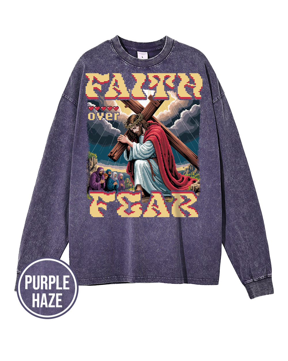 Faith Over Fear Pixel Design Acid Wash Oversize Long Sleeve T-Shirt - Godlygrind