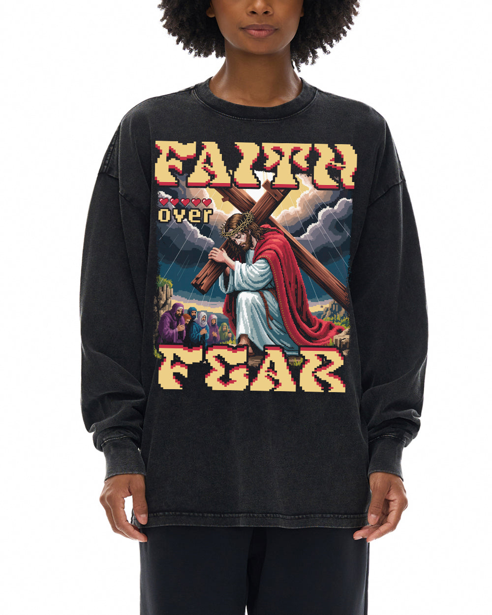 Faith Over Fear Pixel Design Acid Wash Oversize Long Sleeve T-Shirt - Godlygrind