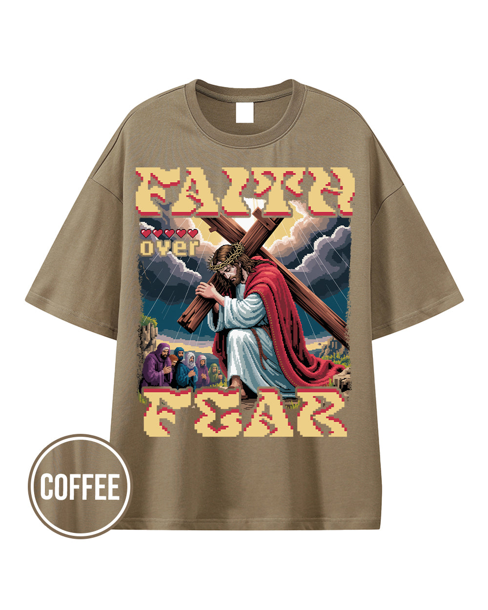 Faith Over Fear Pixel Design Essential Heavyweight Cotton T-Shirt - Godlygrind