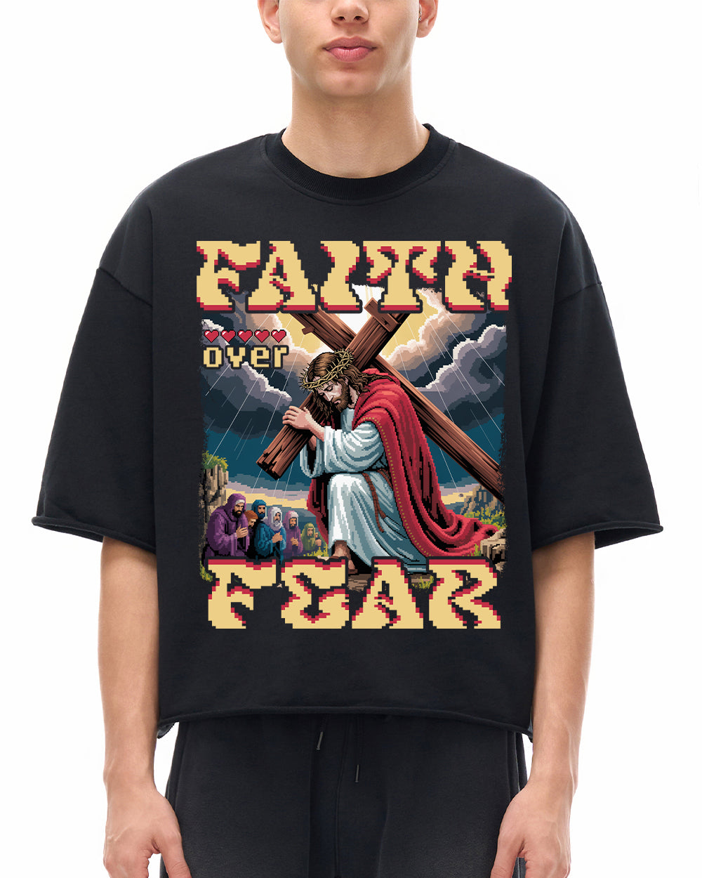 Faith Over Fear Pixel Design Essential Heavyweight Cotton T-Shirt - Godlygrind
