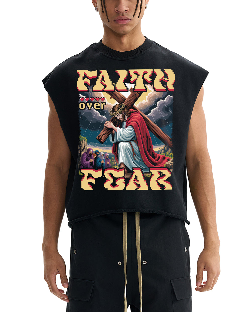 Faith Over Fear Pixel Design French Terry Boxy Tank Top - Godlygrind