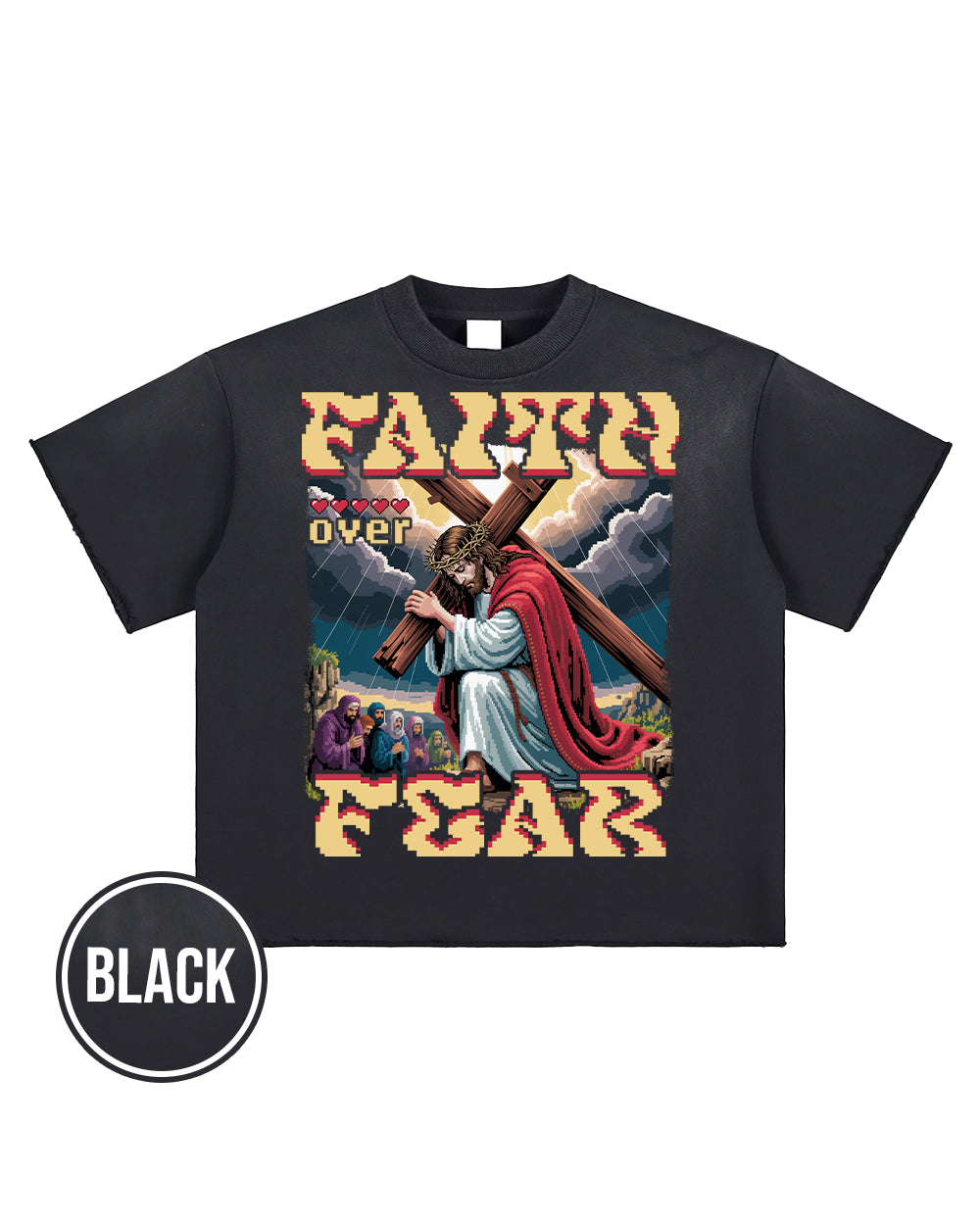 Faith Over Fear Pixel Design Sun Fade Raw Edge T-Shirt - Godlygrind