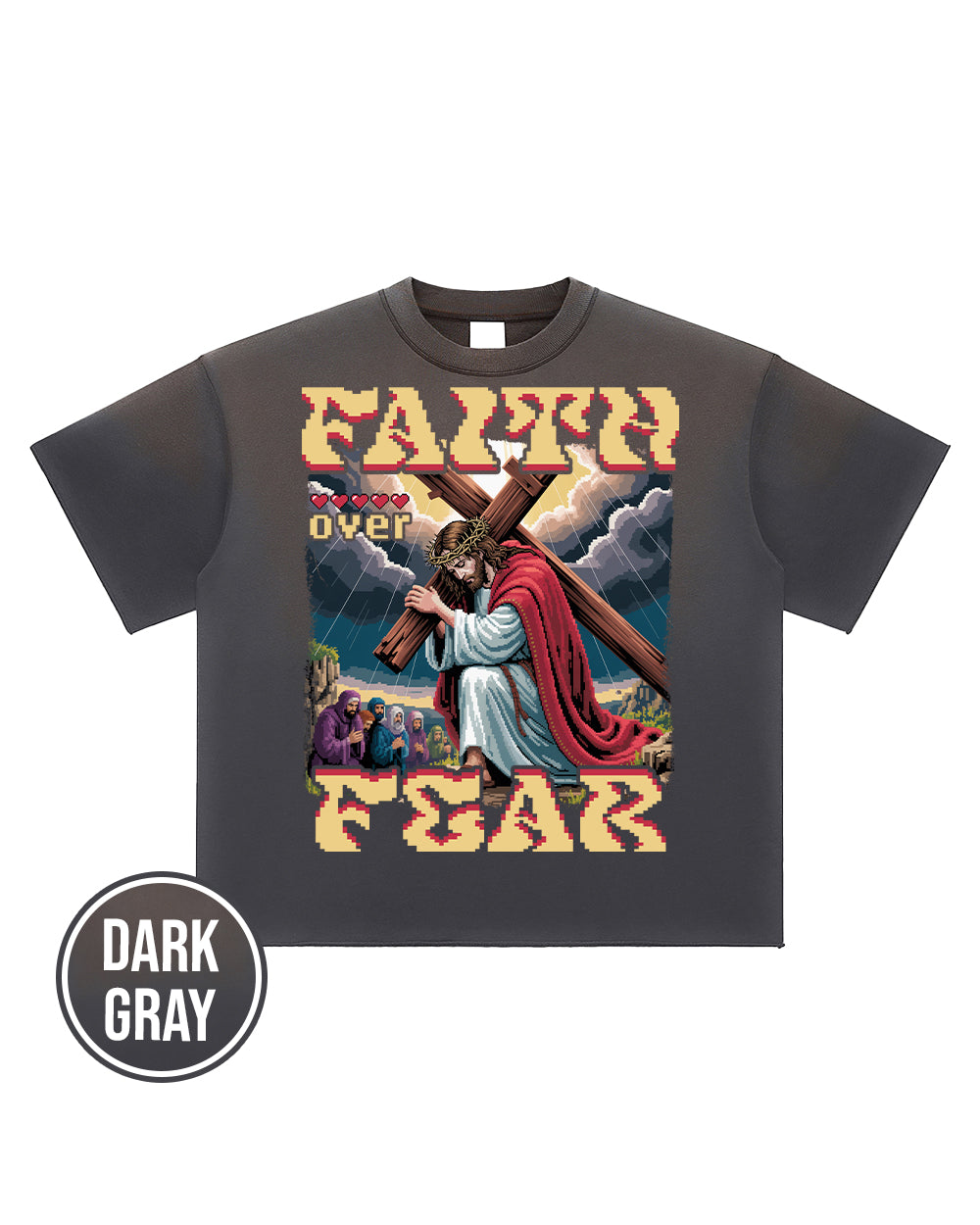 Faith Over Fear Pixel Design Sun Fade Raw Edge T-Shirt - Godlygrind
