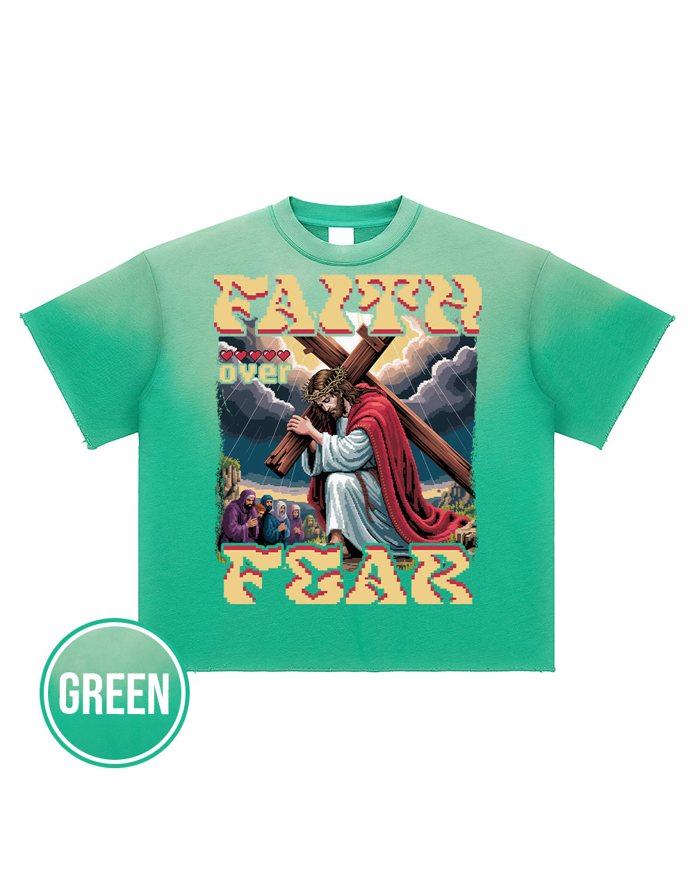 Faith Over Fear Pixel Design Sun Fade Raw Edge T-Shirt - Godlygrind