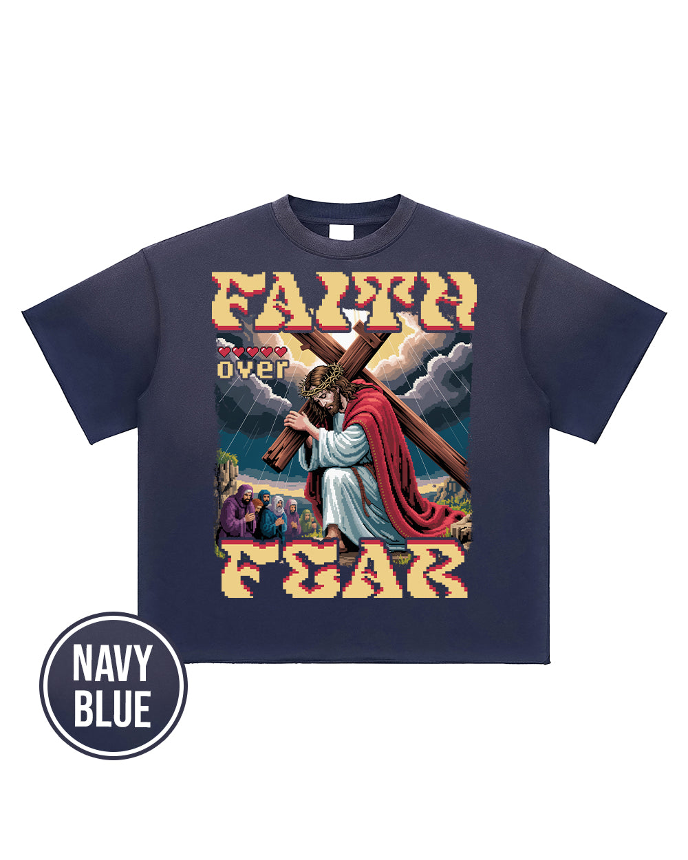 Faith Over Fear Pixel Design Sun Fade Raw Edge T-Shirt - Godlygrind