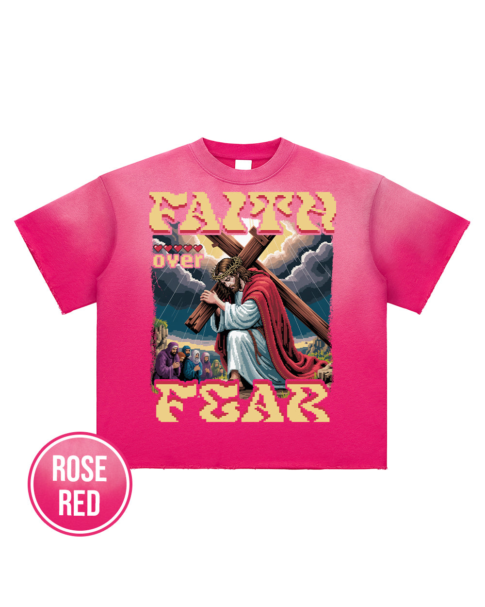 Faith Over Fear Pixel Design Sun Fade Raw Edge T-Shirt - Godlygrind
