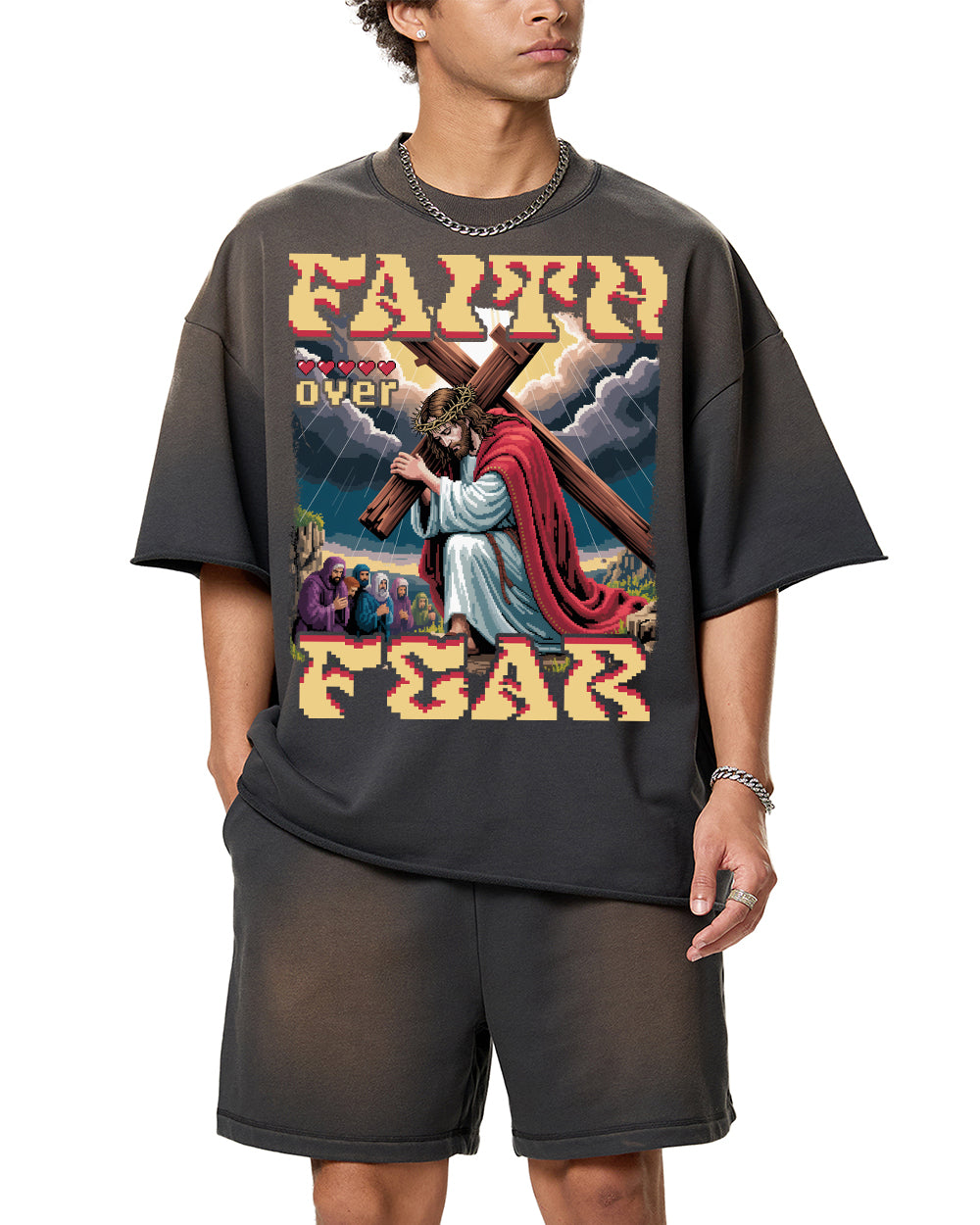 Faith Over Fear Pixel Design Sun Fade Raw Edge T-Shirt - Godlygrind