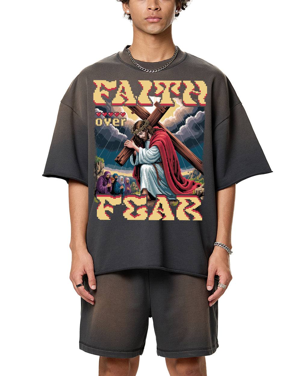 Faith Over Fear Pixel Design Sun Fade Raw Edge T-Shirt - Godlygrind