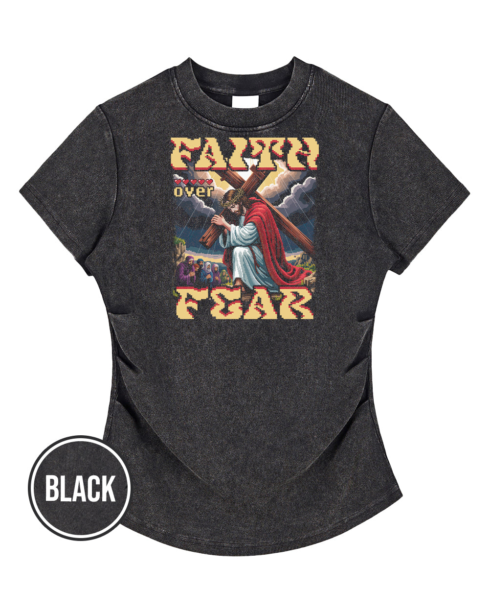 Faith Over Fear Pixel Design Vintaged-Wash Bodycon Cotton T-Shirt - Godlygrind