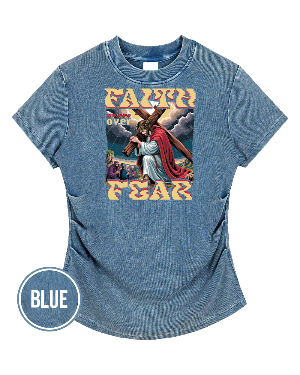 Faith Over Fear Pixel Design Vintaged-Wash Bodycon Cotton T-Shirt - Godlygrind