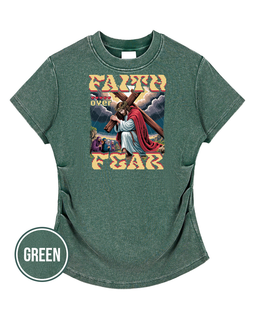 Faith Over Fear Pixel Design Vintaged-Wash Bodycon Cotton T-Shirt - Godlygrind