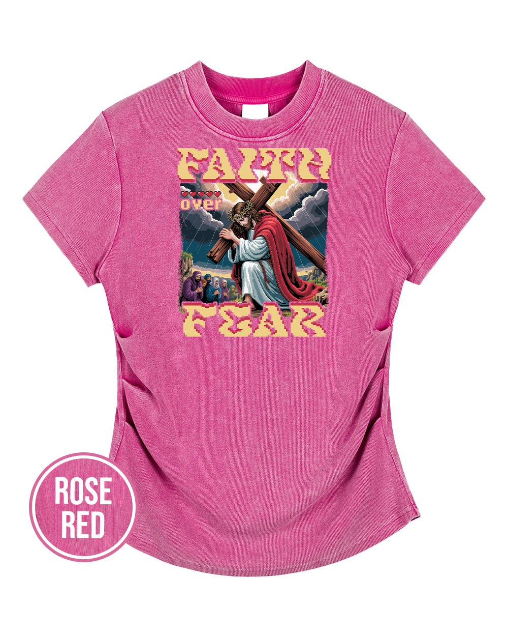 Faith Over Fear Pixel Design Vintaged-Wash Bodycon Cotton T-Shirt - Godlygrind