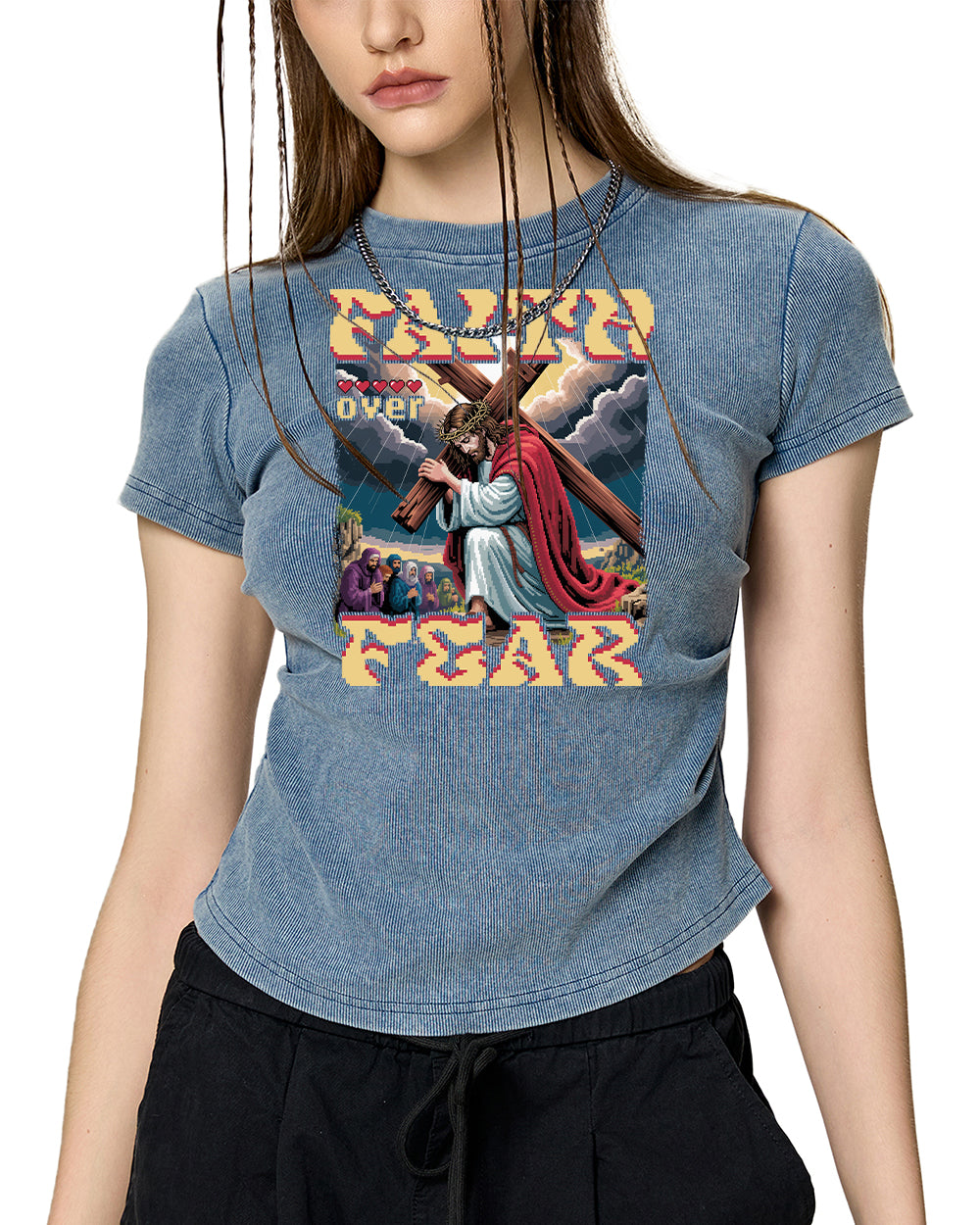 Faith Over Fear Pixel Design Vintaged-Wash Bodycon Cotton T-Shirt - Godlygrind