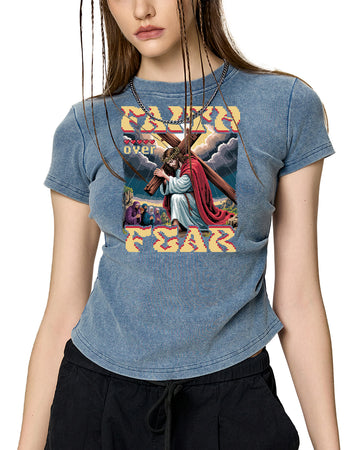 Faith Over Fear Pixel Design Vintaged-Wash Bodycon Cotton T-Shirt - Godlygrind